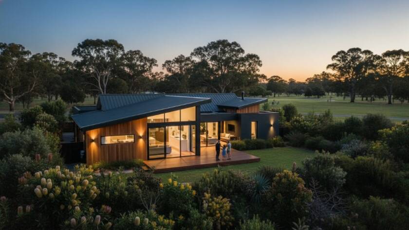 An aerial, cinematic twilight shot showcasing a modern family home in Langwarrin, Victoria, with warm interior lights glowing and a perfectly manicured garden, capturing the essence of how to Elevate Langwarrin Property Listings with Professional Real Estate Photography through dramatic visual appeal.