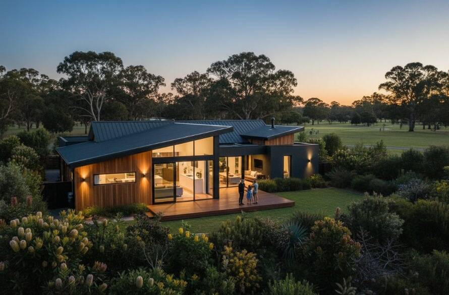 An aerial, cinematic twilight shot showcasing a modern family home in Langwarrin, Victoria, with warm interior lights glowing and a perfectly manicured garden, capturing the essence of how to Elevate Langwarrin Property Listings with Professional Real Estate Photography through dramatic visual appeal.