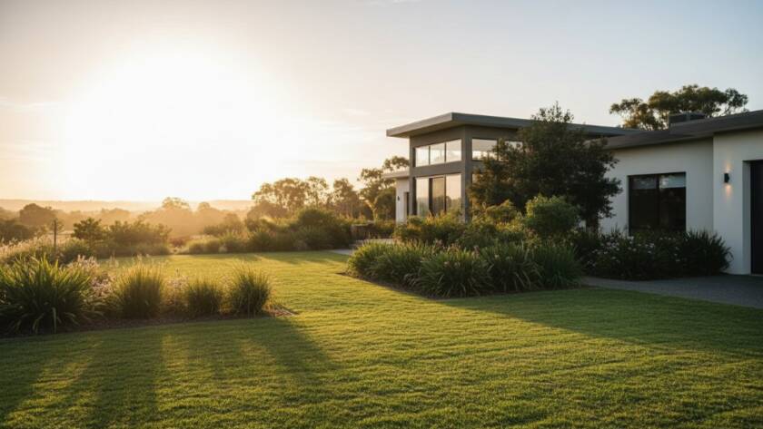 An aerial, cinematic shot capturing a modern family home in Melton West at twilight, with warm interior lights glowing, framed by manicured gardens and the Djerriwarrh Creek landscape, perfectly showcasing how to Elevate Melton West Property Listings with Professional Photography for an 'epic moment' feel.