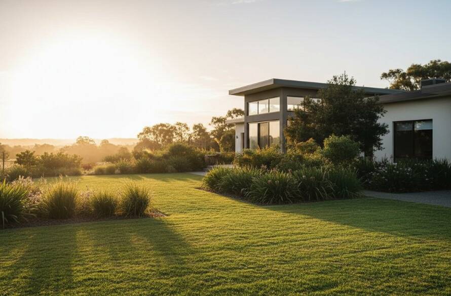 An aerial, cinematic shot capturing a modern family home in Melton West at twilight, with warm interior lights glowing, framed by manicured gardens and the Djerriwarrh Creek landscape, perfectly showcasing how to Elevate Melton West Property Listings with Professional Photography for an 'epic moment' feel.