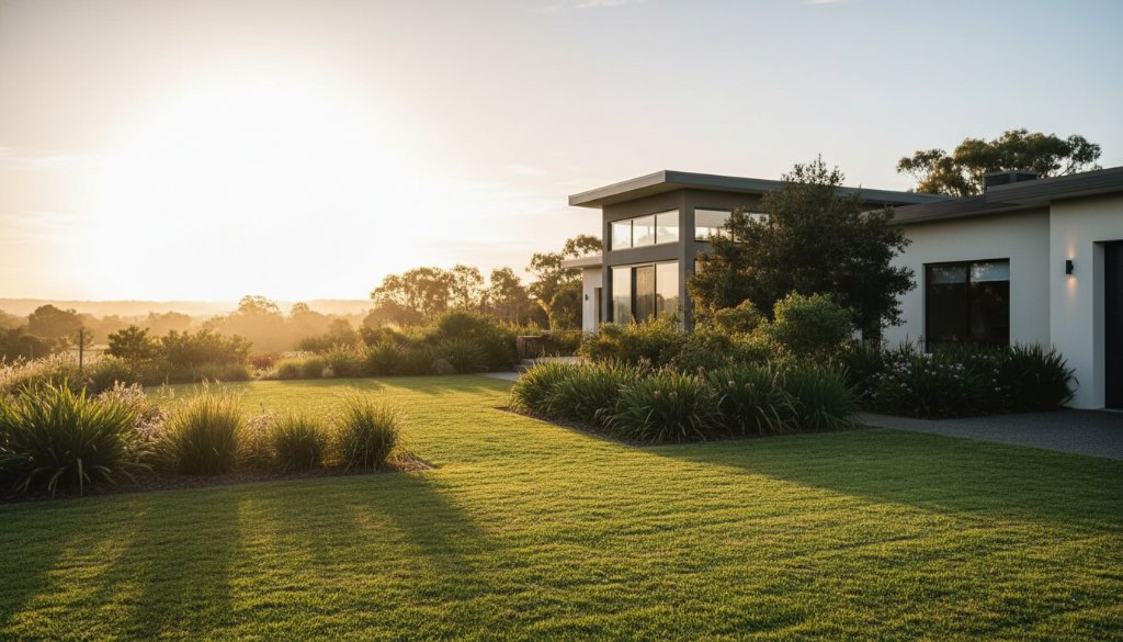 An aerial, cinematic shot capturing a modern family home in Melton West at twilight, with warm interior lights glowing, framed by manicured gardens and the Djerriwarrh Creek landscape, perfectly showcasing how to Elevate Melton West Property Listings with Professional Photography for an 'epic moment' feel.