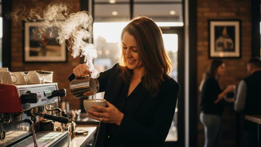 An inspired female entrepreneur, surrounded by vibrant local produce at a Narre Warren South market stall, confidently presents her artisanal products, her brand's essence perfectly captured through professional photography, embodying 'Elevate Narre Warren South small business branding with professional photography'.