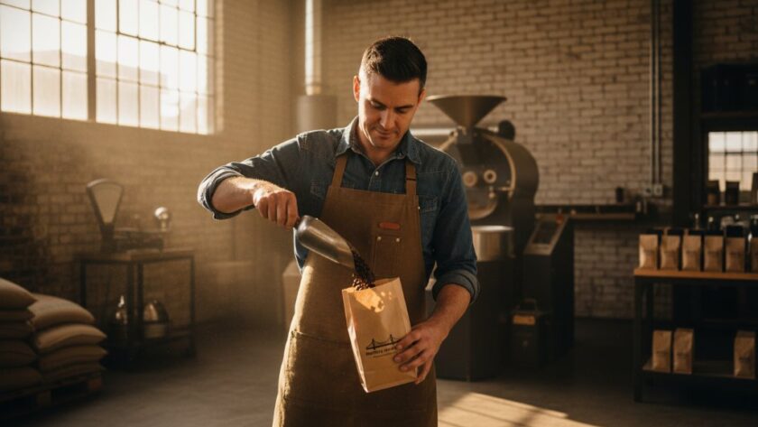 Dramatic wide shot of a local North Geelong small business owner proudly presenting their artisanal product, lit by golden hour sun, showcasing professional advertising photography that elevates their brand. The scene captures the essence of community and quality.