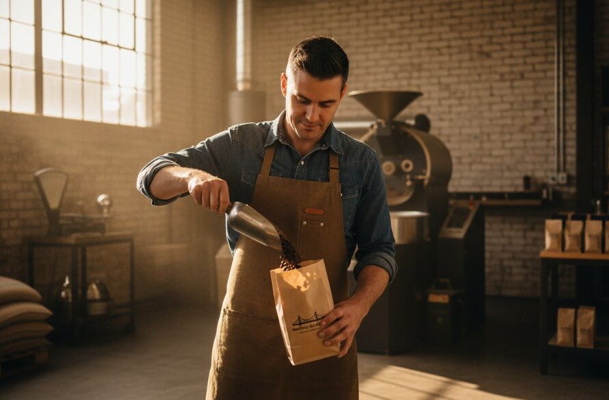 Dramatic wide shot of a local North Geelong small business owner proudly presenting their artisanal product, lit by golden hour sun, showcasing professional advertising photography that elevates their brand. The scene captures the essence of community and quality.