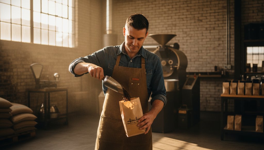 Dramatic wide shot of a local North Geelong small business owner proudly presenting their artisanal product, lit by golden hour sun, showcasing professional advertising photography that elevates their brand. The scene captures the essence of community and quality.