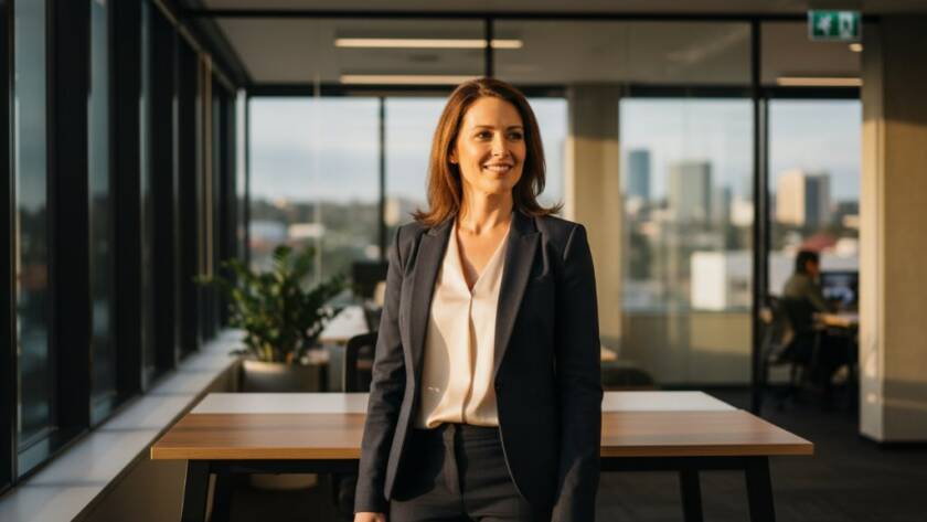 Dramatic close-up of a confident business professional in a modern Nunawading office setting, bathed in warm, cinematic light, representing the impact of elevate Nunawading business branding photography.