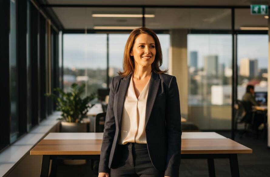Dramatic close-up of a confident business professional in a modern Nunawading office setting, bathed in warm, cinematic light, representing the impact of elevate Nunawading business branding photography.
