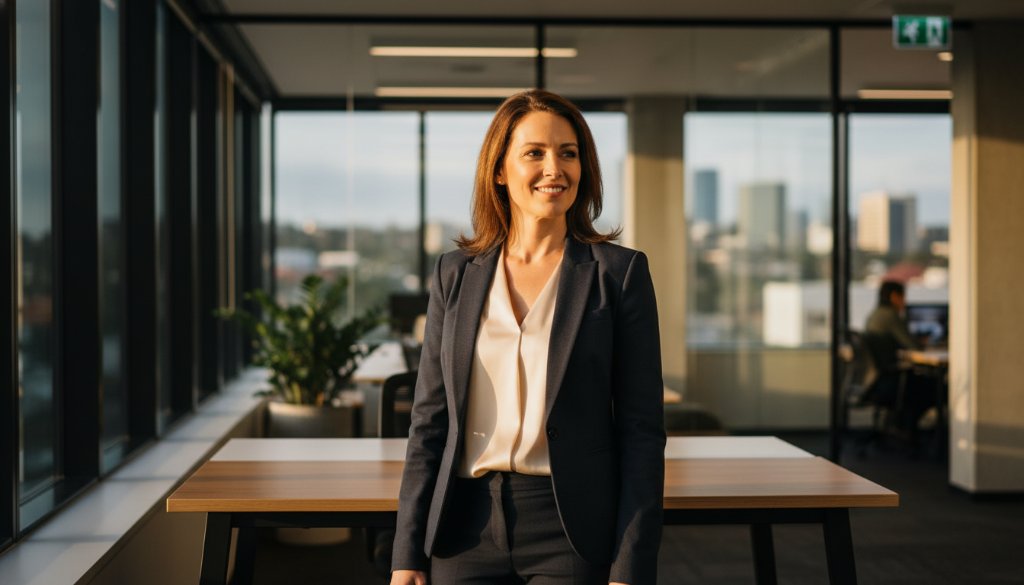 Dramatic close-up of a confident business professional in a modern Nunawading office setting, bathed in warm, cinematic light, representing the impact of elevate Nunawading business branding photography.