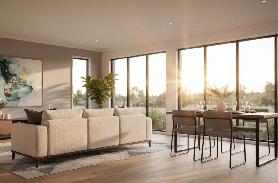 A wide-angle, masterfully lit interior shot of a modern open-plan living area in a Pakenham family home, showcasing natural light and elegant styling, perfect to Elevate Pakenham Property Listings with Professional Photography.