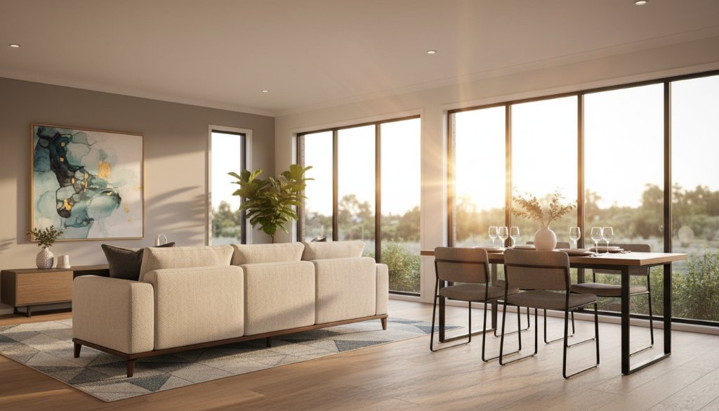A wide-angle, masterfully lit interior shot of a modern open-plan living area in a Pakenham family home, showcasing natural light and elegant styling, perfect to Elevate Pakenham Property Listings with Professional Photography.