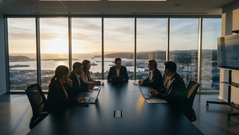 An inspiring wide shot capturing a diverse group of business professionals in a modern office overlooking Portland's iconic harbour at sunset, conveying the impact of elevating Portland Victoria corporate branding with professional photography.