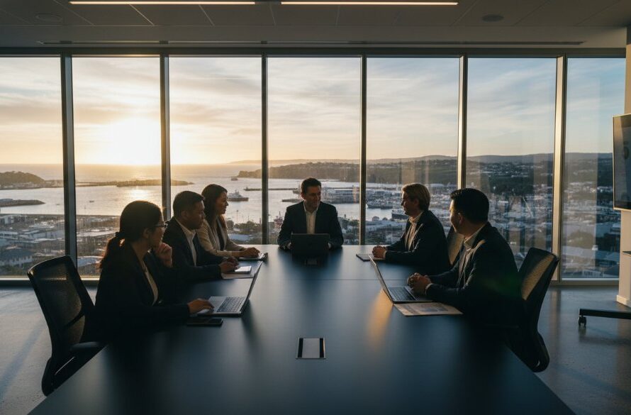 An inspiring wide shot capturing a diverse group of business professionals in a modern office overlooking Portland's iconic harbour at sunset, conveying the impact of elevating Portland Victoria corporate branding with professional photography.