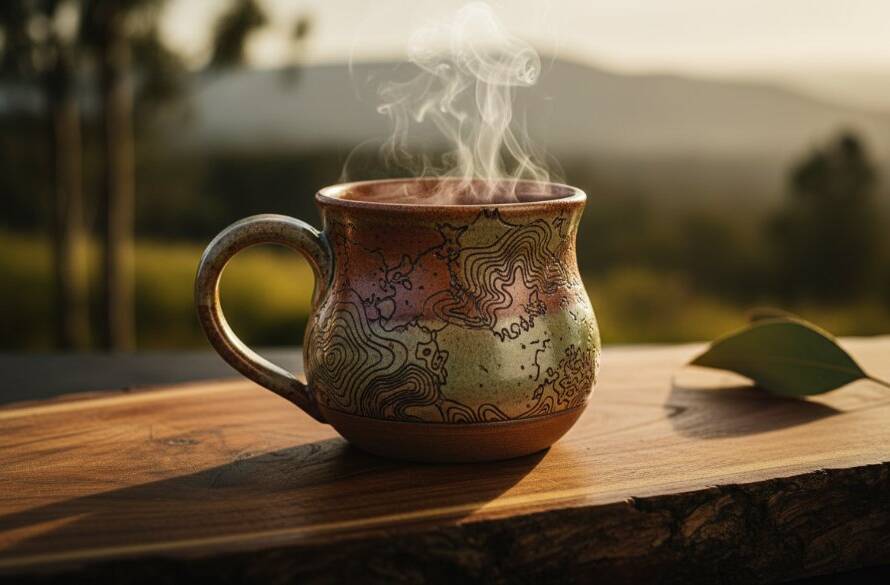 A stunning close-up of a meticulously arranged artisan ceramic mug, glowing under dramatic studio lighting, captured to Elevate Ringwood East Product Photography, showcasing intricate details against a blurred rustic background, evoking quality and craftsmanship.