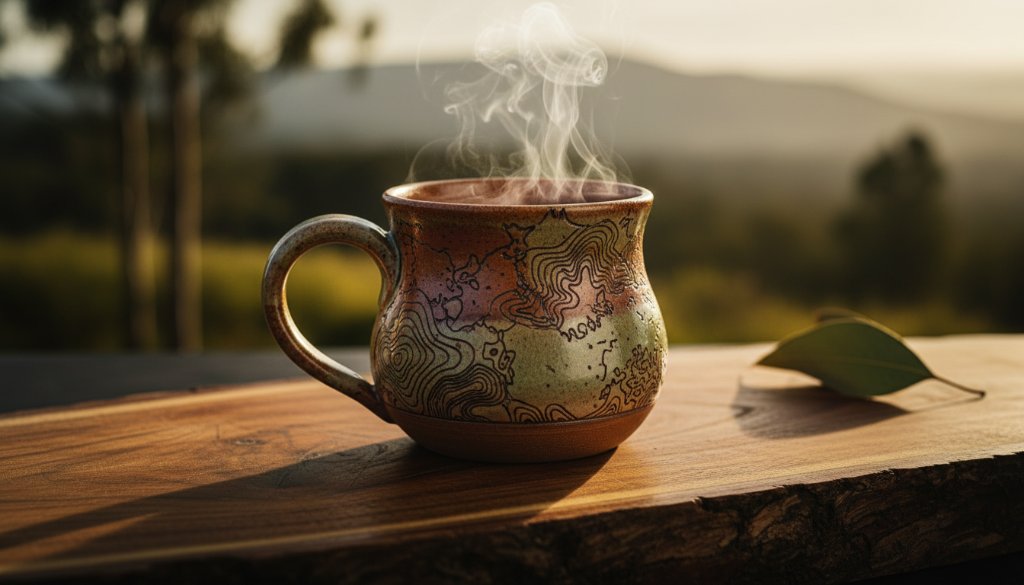 A stunning close-up of a meticulously arranged artisan ceramic mug, glowing under dramatic studio lighting, captured to Elevate Ringwood East Product Photography, showcasing intricate details against a blurred rustic background, evoking quality and craftsmanship.