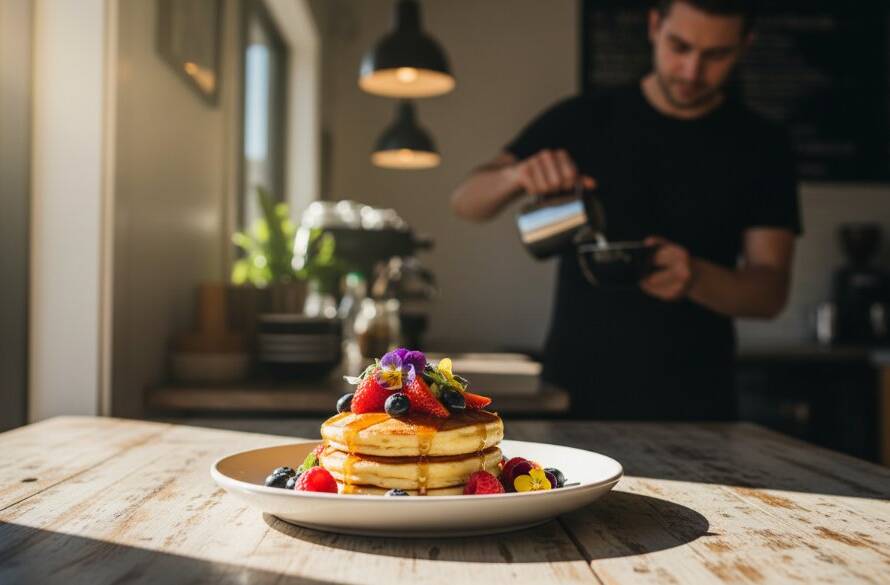 A dramatic, close-up 'epic moment' style photograph showcasing a beautifully plated brunch dish, perhaps smashed avocado on sourdough with a perfectly poached egg and vibrant garnishes, artfully arranged on a rustic wooden table inside a sun-drenched Rowville cafe. The shot highlights textures and colours, with soft natural light enhancing its appeal, perfectly capturing the essence of 'elevate Rowville cafe food photography'.