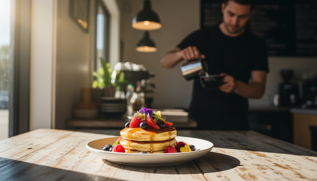 A dramatic, close-up 'epic moment' style photograph showcasing a beautifully plated brunch dish, perhaps smashed avocado on sourdough with a perfectly poached egg and vibrant garnishes, artfully arranged on a rustic wooden table inside a sun-drenched Rowville cafe. The shot highlights textures and colours, with soft natural light enhancing its appeal, perfectly capturing the essence of 'elevate Rowville cafe food photography'.