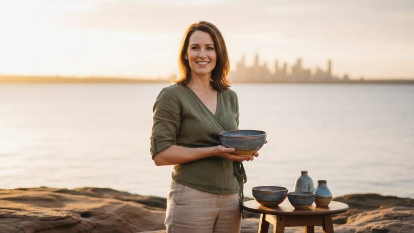 An epic moment capturing a Sandringham small business owner with vibrant energy, showcasing their artisanal product amidst the local coastal backdrop, expertly framed to elevate Sandringham brand photography for visual storytelling.