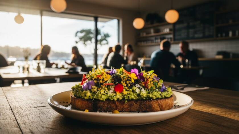 An epic moment of culinary art: a gourmet dish, meticulously plated and dramatically lit to showcase textures and vibrant colours, perfect for Elevate Sandringham cafe food photography in a bustling Sandringham cafe.