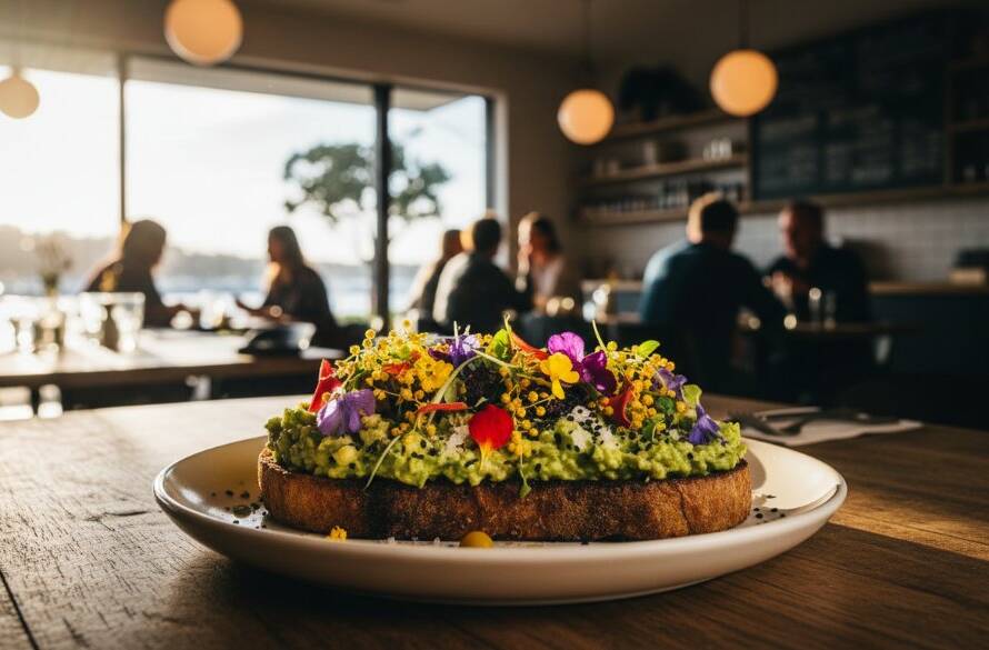 An epic moment of culinary art: a gourmet dish, meticulously plated and dramatically lit to showcase textures and vibrant colours, perfect for Elevate Sandringham cafe food photography in a bustling Sandringham cafe.