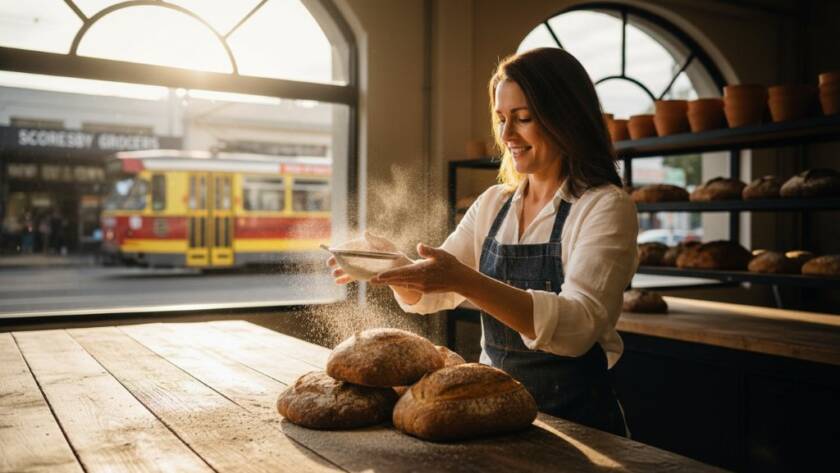 An inspiring, cinematic shot capturing a Scoresby small business owner, radiating confidence and professionalism, interacting with a client in a beautifully lit, modern workspace, showcasing how to elevate Scoresby business with authentic branding photography, with subtle hints of Scoresby's local charm visible through a window in the background, professional colour grading.