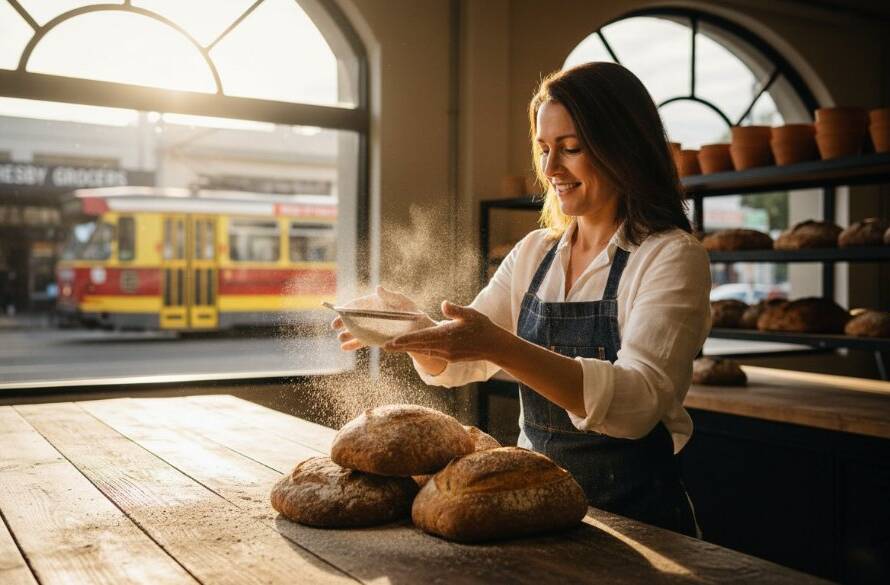 An inspiring, cinematic shot capturing a Scoresby small business owner, radiating confidence and professionalism, interacting with a client in a beautifully lit, modern workspace, showcasing how to elevate Scoresby business with authentic branding photography, with subtle hints of Scoresby's local charm visible through a window in the background, professional colour grading.