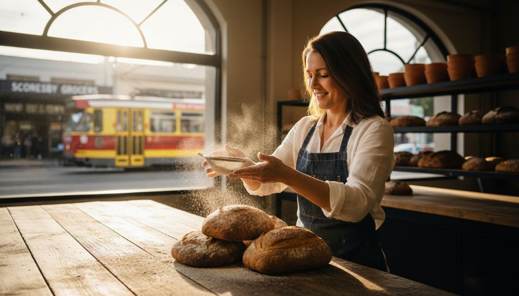 An inspiring, cinematic shot capturing a Scoresby small business owner, radiating confidence and professionalism, interacting with a client in a beautifully lit, modern workspace, showcasing how to elevate Scoresby business with authentic branding photography, with subtle hints of Scoresby's local charm visible through a window in the background, professional colour grading.