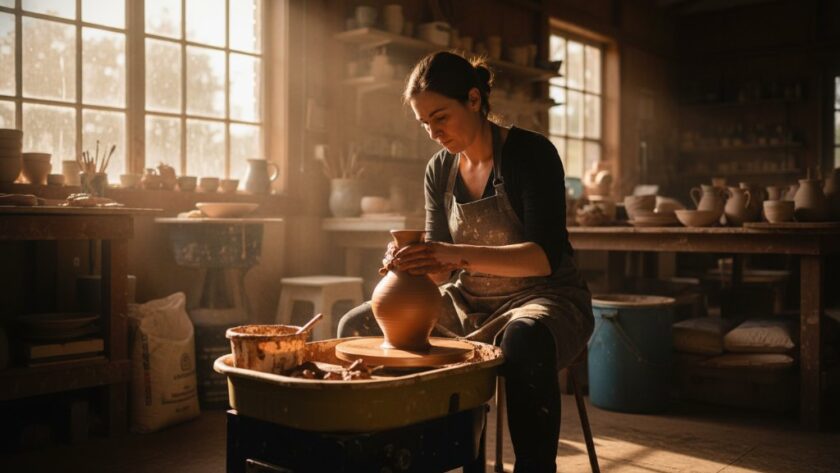 Elevate Sebastopol business branding photography: A dynamic wide shot of a local artisanal ceramicist in Sebastopol, Victoria, intensely focused on sculpting a clay vase, with dramatic warm light highlighting their craft, showcasing the dedication behind their brand.