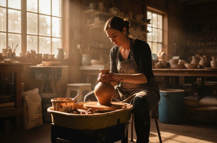Elevate Sebastopol business branding photography: A dynamic wide shot of a local artisanal ceramicist in Sebastopol, Victoria, intensely focused on sculpting a clay vase, with dramatic warm light highlighting their craft, showcasing the dedication behind their brand.