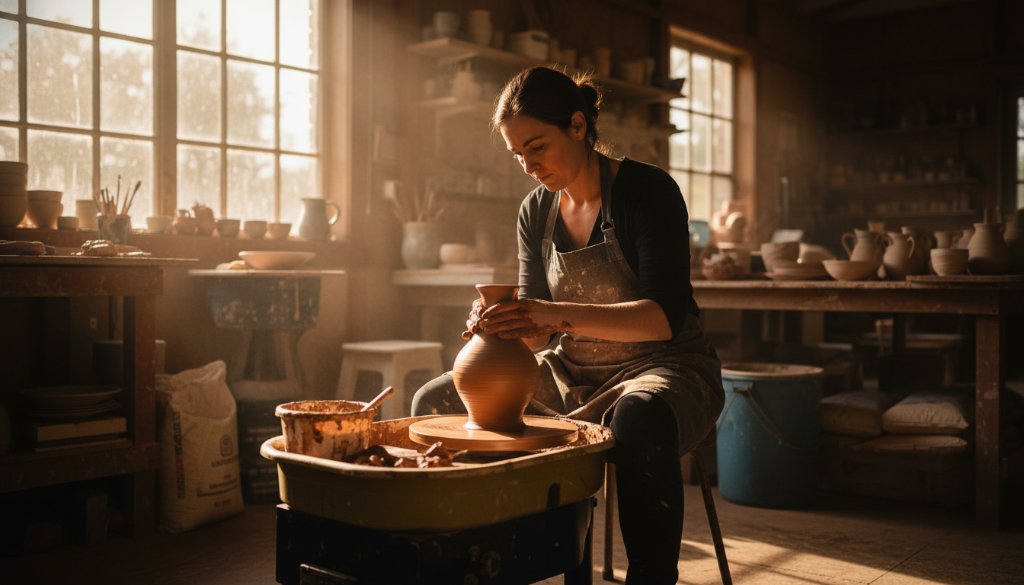 Elevate Sebastopol business branding photography: A dynamic wide shot of a local artisanal ceramicist in Sebastopol, Victoria, intensely focused on sculpting a clay vase, with dramatic warm light highlighting their craft, showcasing the dedication behind their brand.