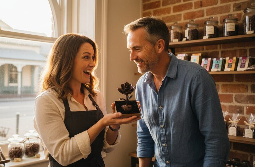 Dynamic wide shot capturing an entrepreneur engaging with a client at a local Hamilton cafe, illuminated by soft morning light, showcasing professional personal branding photography Hamilton Victoria.