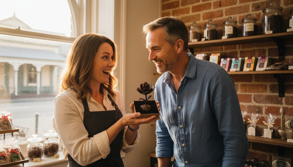 Dynamic wide shot capturing an entrepreneur engaging with a client at a local Hamilton cafe, illuminated by soft morning light, showcasing professional personal branding photography Hamilton Victoria.