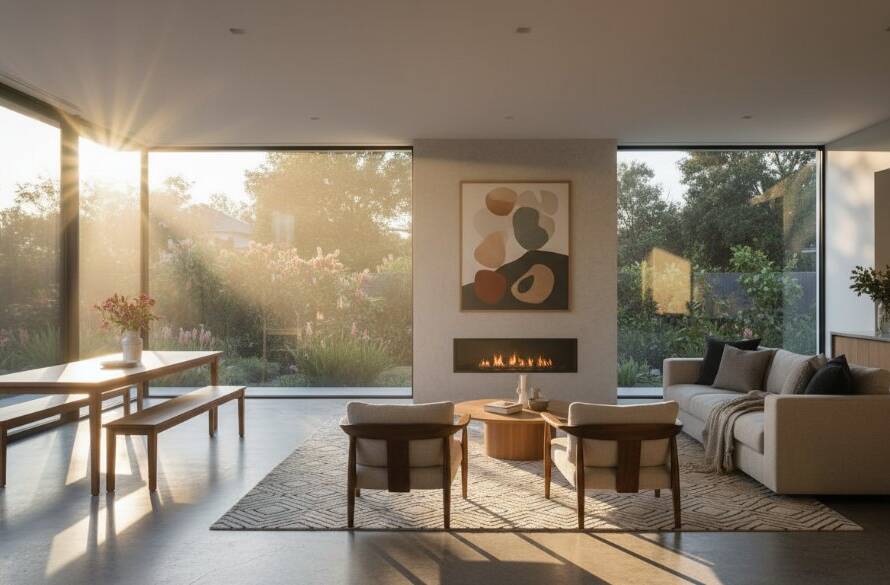 Dramatic wide-angle shot of a beautifully staged, modern living room in a South Kingsville home, bathed in golden hour light, showcasing luxurious details. This professional image perfectly captures the essence of elevate South Kingsville property listings photography, highlighting architectural features and inviting atmosphere.