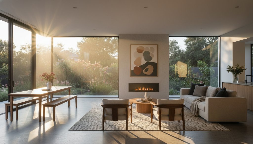 Dramatic wide-angle shot of a beautifully staged, modern living room in a South Kingsville home, bathed in golden hour light, showcasing luxurious details. This professional image perfectly captures the essence of elevate South Kingsville property listings photography, highlighting architectural features and inviting atmosphere.