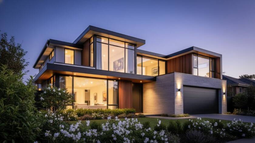 An exquisite, professionally colour-graded photograph showcasing the dramatic evening light illuminating a modern family home in Springvale South, highlighting its elegant architecture and lush garden, perfectly illustrating how to Elevate Springvale South property value with professional real estate photography.