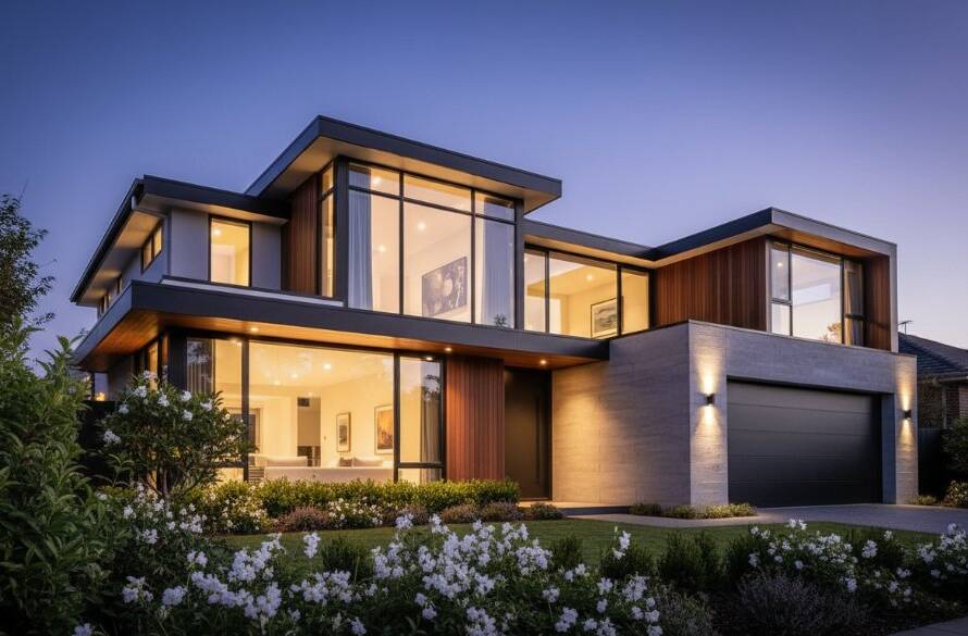 An exquisite, professionally colour-graded photograph showcasing the dramatic evening light illuminating a modern family home in Springvale South, highlighting its elegant architecture and lush garden, perfectly illustrating how to Elevate Springvale South property value with professional real estate photography.