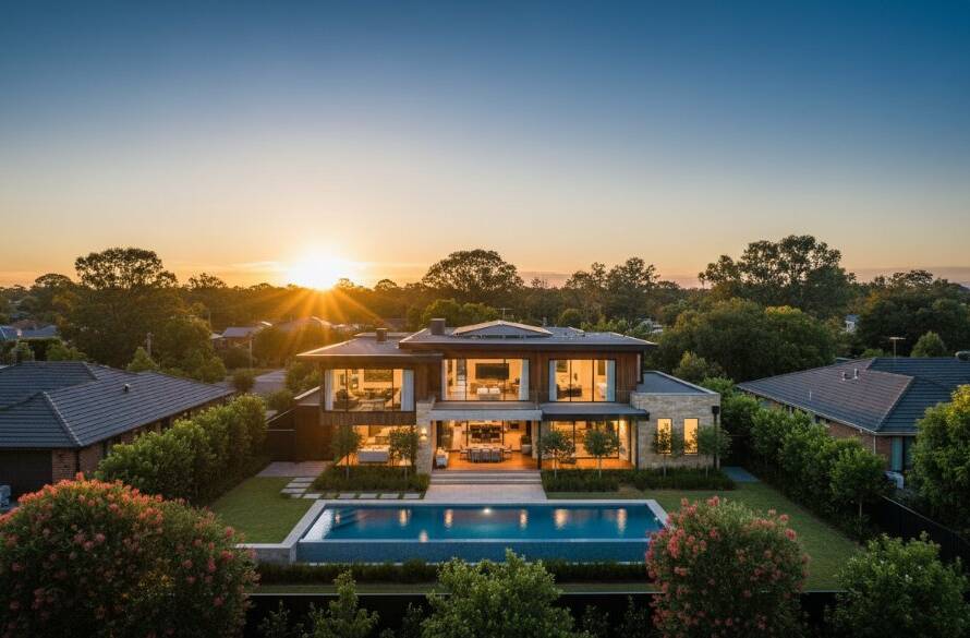 An aerial wide shot capturing a stunning, modern family home in Sunshine North at dusk, with warm interior lights glowing and a perfectly manicured garden under a dramatic, deep blue sky. This showcases premium real estate photography, exemplifying how to Elevate Sunshine North Property Listings Photography with a compelling, cinematic visual narrative.