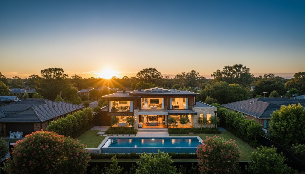 An aerial wide shot capturing a stunning, modern family home in Sunshine North at dusk, with warm interior lights glowing and a perfectly manicured garden under a dramatic, deep blue sky. This showcases premium real estate photography, exemplifying how to Elevate Sunshine North Property Listings Photography with a compelling, cinematic visual narrative.