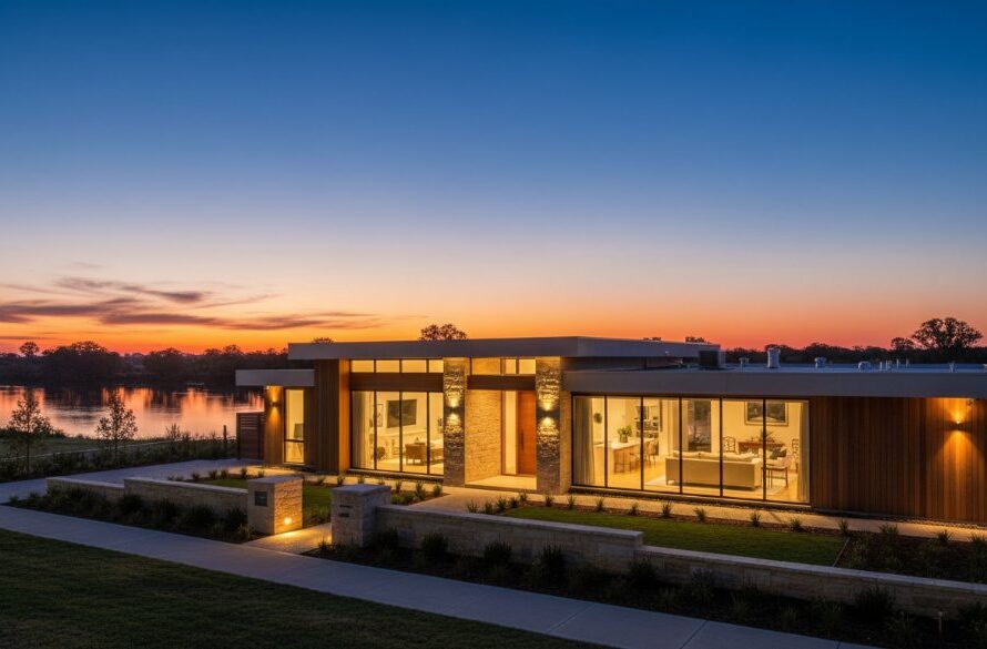 An epic moment captured: A stunning twilight photo of a modern family home in Swan Hill, Victoria, with warm interior lights glowing and a vibrant sunset over the Murray River in the background, showcasing how to elevate Swan Hill property listings with professional real estate photography.