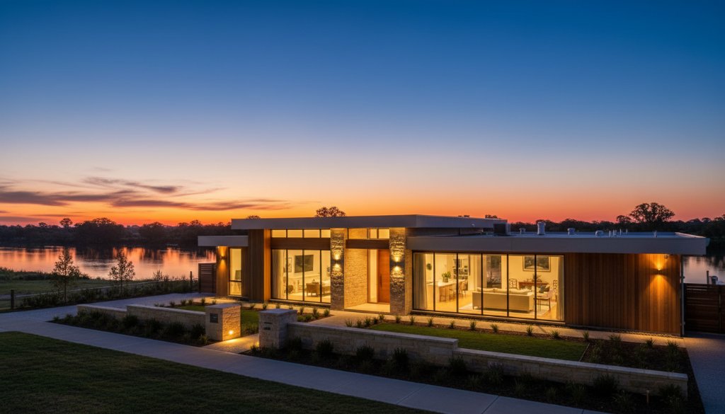 An epic moment captured: A stunning twilight photo of a modern family home in Swan Hill, Victoria, with warm interior lights glowing and a vibrant sunset over the Murray River in the background, showcasing how to elevate Swan Hill property listings with professional real estate photography.