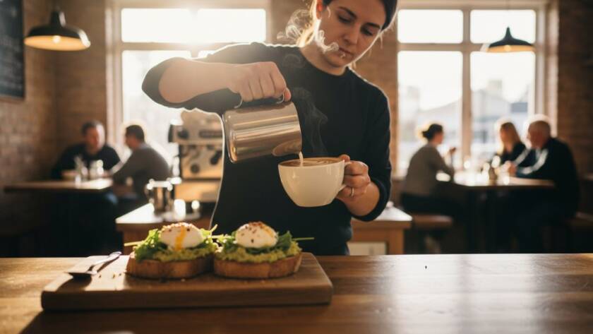 An exquisite overhead shot capturing a perfectly styled brunch platter with vibrant colours, steam rising from a coffee cup, and natural light filtering through a window in a Templestowe Lower cafe, demonstrating how to elevate Templestowe Lower cafe menus with professional food photography.