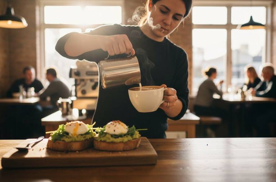 An exquisite overhead shot capturing a perfectly styled brunch platter with vibrant colours, steam rising from a coffee cup, and natural light filtering through a window in a Templestowe Lower cafe, demonstrating how to elevate Templestowe Lower cafe menus with professional food photography.