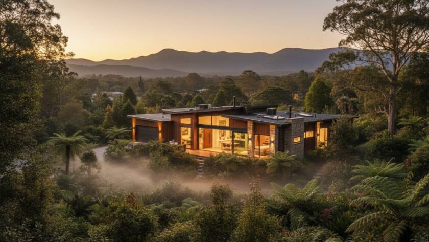 A stunning, wide-angle "epic moment" photograph of a modern family home nestled in the lush, green landscape of The Basin, Victoria at twilight, showcasing beautiful interior and exterior lighting, highlighting its unique architectural features, designed to elevate The Basin property listings with professional photography.