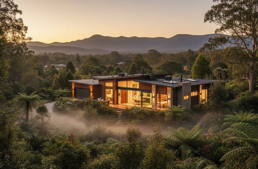 A stunning, wide-angle "epic moment" photograph of a modern family home nestled in the lush, green landscape of The Basin, Victoria at twilight, showcasing beautiful interior and exterior lighting, highlighting its unique architectural features, designed to elevate The Basin property listings with professional photography.