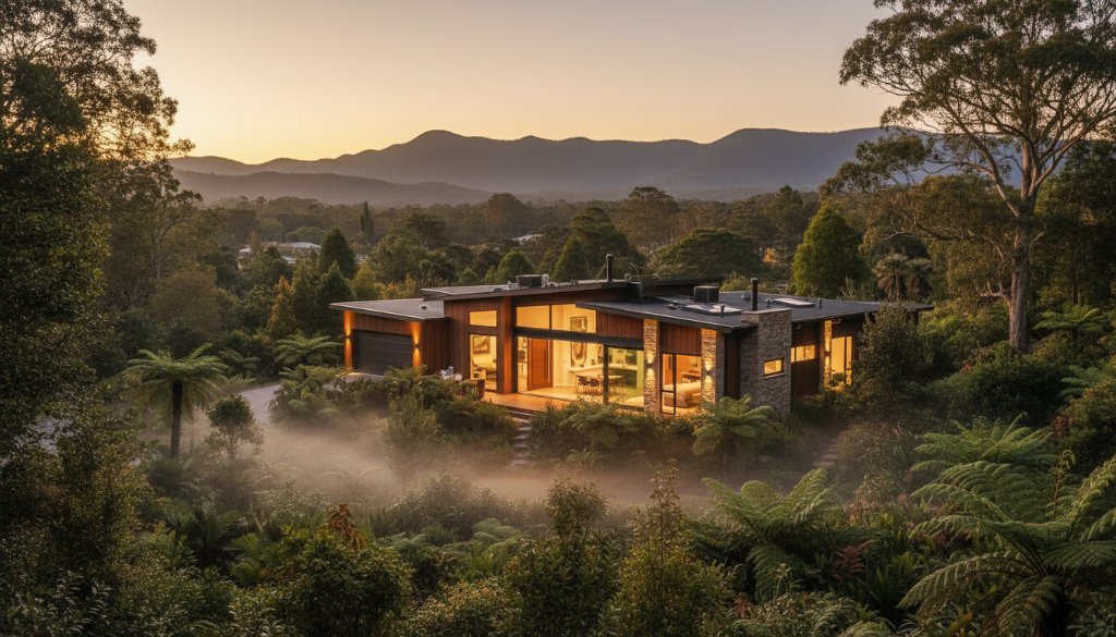 A stunning, wide-angle "epic moment" photograph of a modern family home nestled in the lush, green landscape of The Basin, Victoria at twilight, showcasing beautiful interior and exterior lighting, highlighting its unique architectural features, designed to elevate The Basin property listings with professional photography.