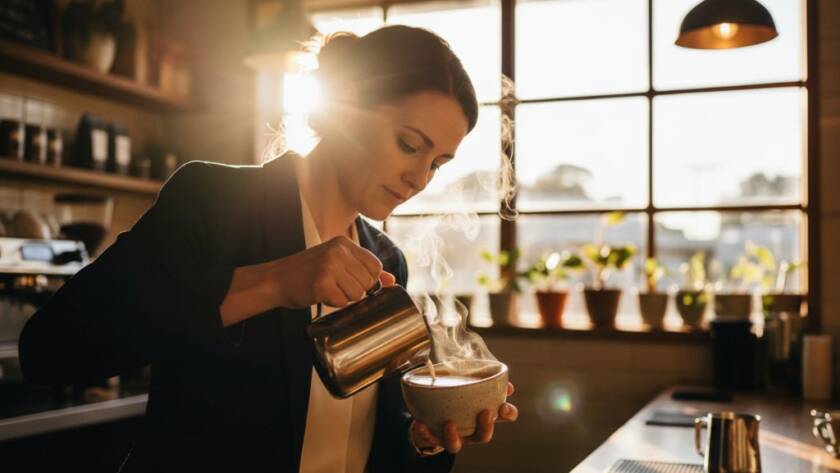 An 'epic moment' shot capturing a local cafe owner in Upper Ferntree Gully, passionately serving a beautifully crafted latte, with warm, dramatic backlighting highlighting the steam and inviting atmosphere, perfectly demonstrating how to elevate Upper Ferntree Gully business photography.
