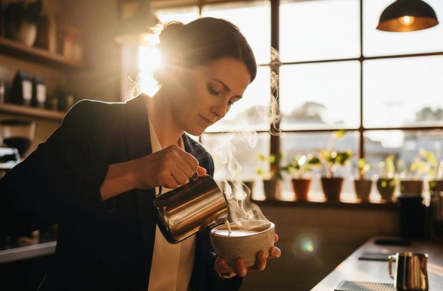 An 'epic moment' shot capturing a local cafe owner in Upper Ferntree Gully, passionately serving a beautifully crafted latte, with warm, dramatic backlighting highlighting the steam and inviting atmosphere, perfectly demonstrating how to elevate Upper Ferntree Gully business photography.