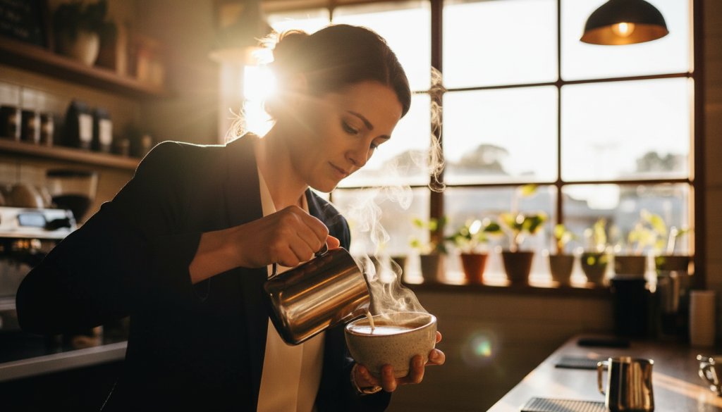 An 'epic moment' shot capturing a local cafe owner in Upper Ferntree Gully, passionately serving a beautifully crafted latte, with warm, dramatic backlighting highlighting the steam and inviting atmosphere, perfectly demonstrating how to elevate Upper Ferntree Gully business photography.