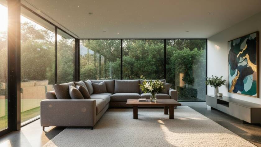 An epic, professionally color-graded wide-angle photograph capturing the golden hour light streaming into a beautifully styled modern living room of a family home in Vermont South, showcasing how to Elevate Vermont South Property Listings with Professional Photography.