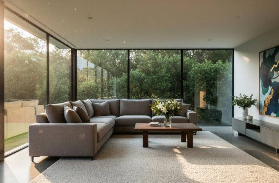 An epic, professionally color-graded wide-angle photograph capturing the golden hour light streaming into a beautifully styled modern living room of a family home in Vermont South, showcasing how to Elevate Vermont South Property Listings with Professional Photography.