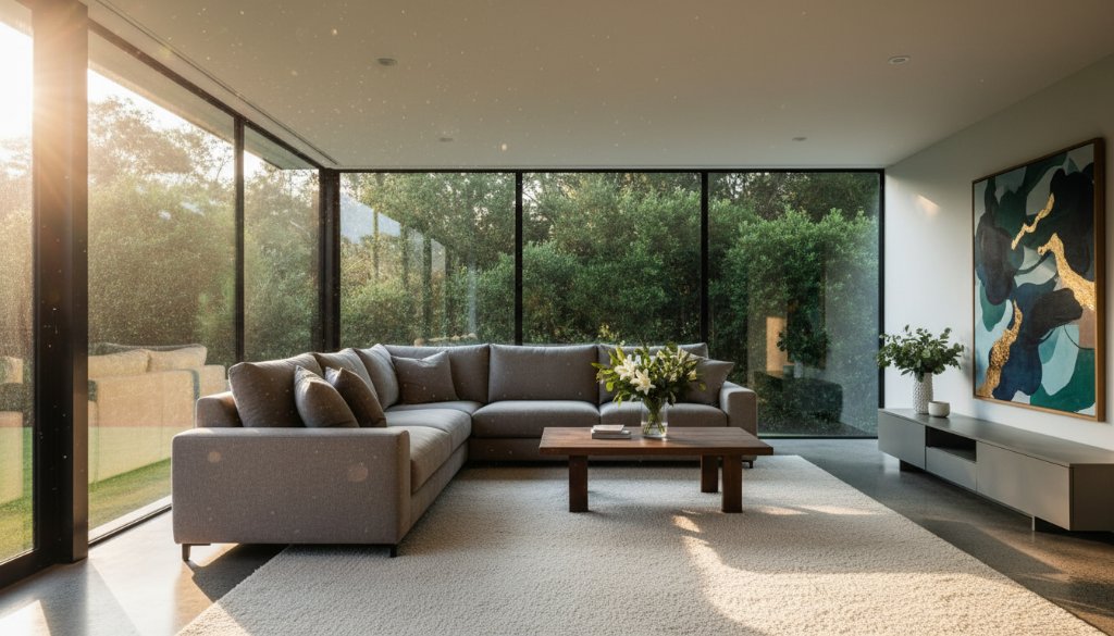 An epic, professionally color-graded wide-angle photograph capturing the golden hour light streaming into a beautifully styled modern living room of a family home in Vermont South, showcasing how to Elevate Vermont South Property Listings with Professional Photography.